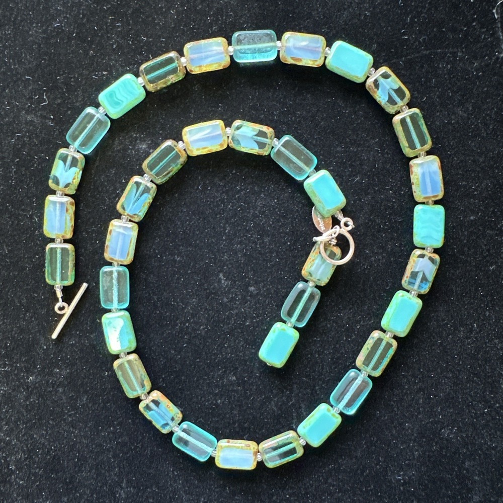Stefanie Wolf Handmade Mosaic Glass Turquoise Necklace 925 Silver Clasp 18"